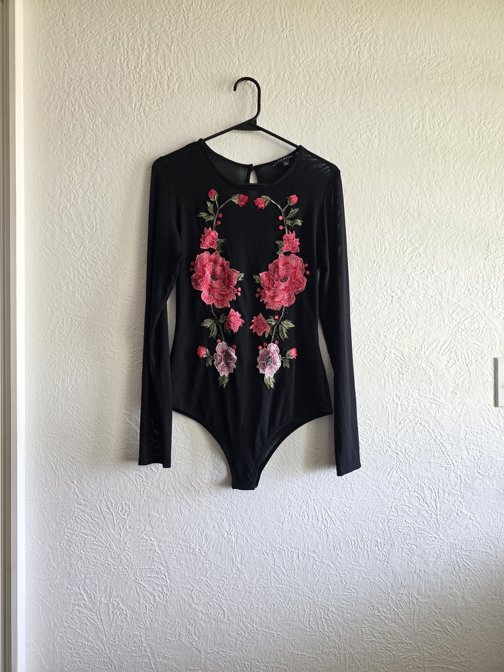 Haute Monde Black Long-Sleeve Bodysuit with Pink Floral Embroidery